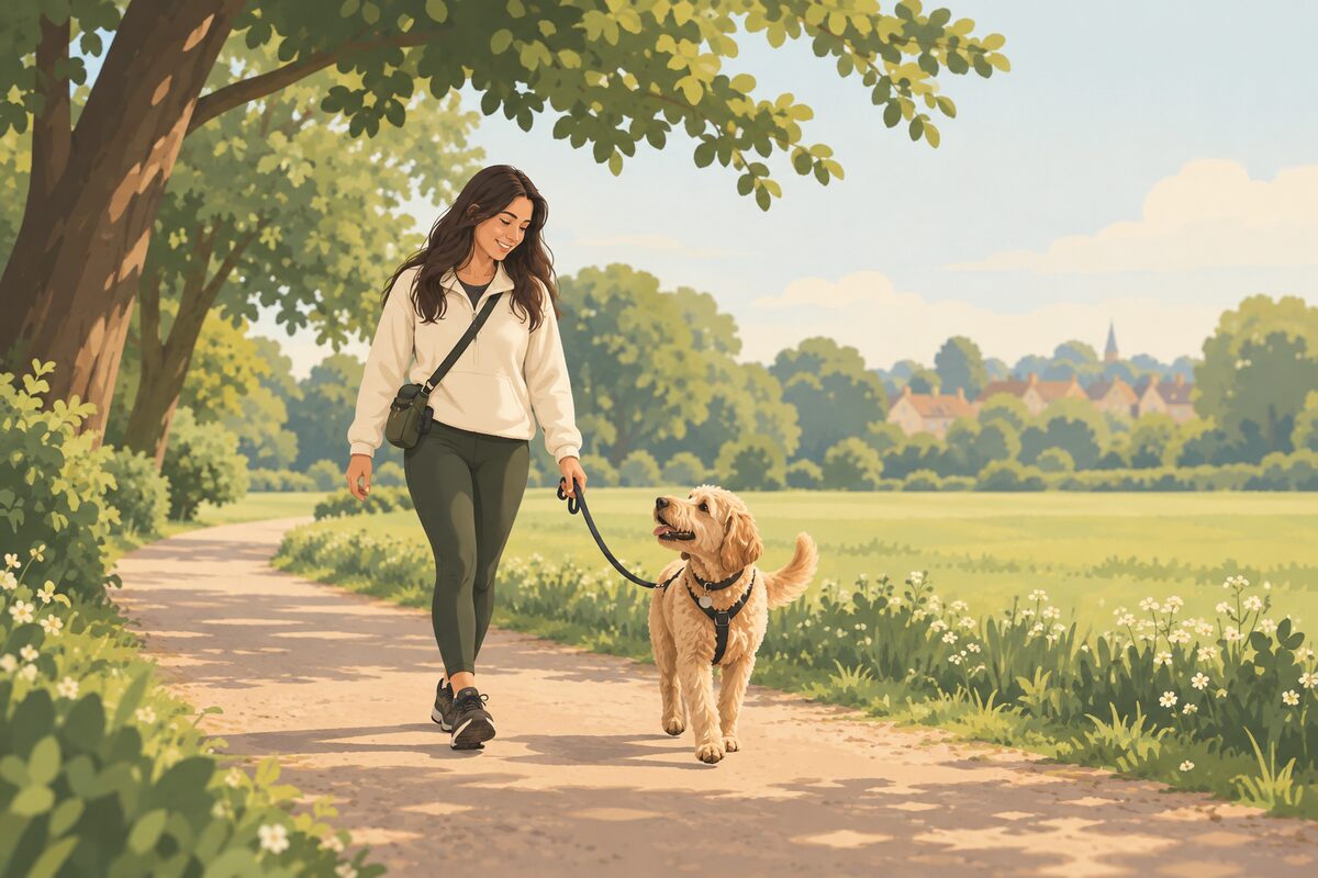Illustration of a carer walking a dog on a lead along a park path