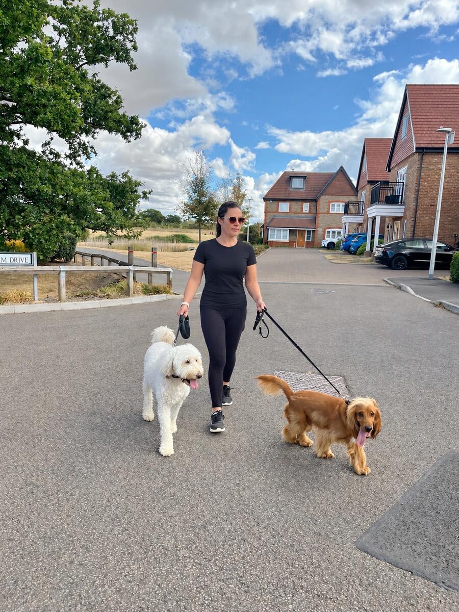 Priscila walking two dogs she cares for in a local Wokingham street
