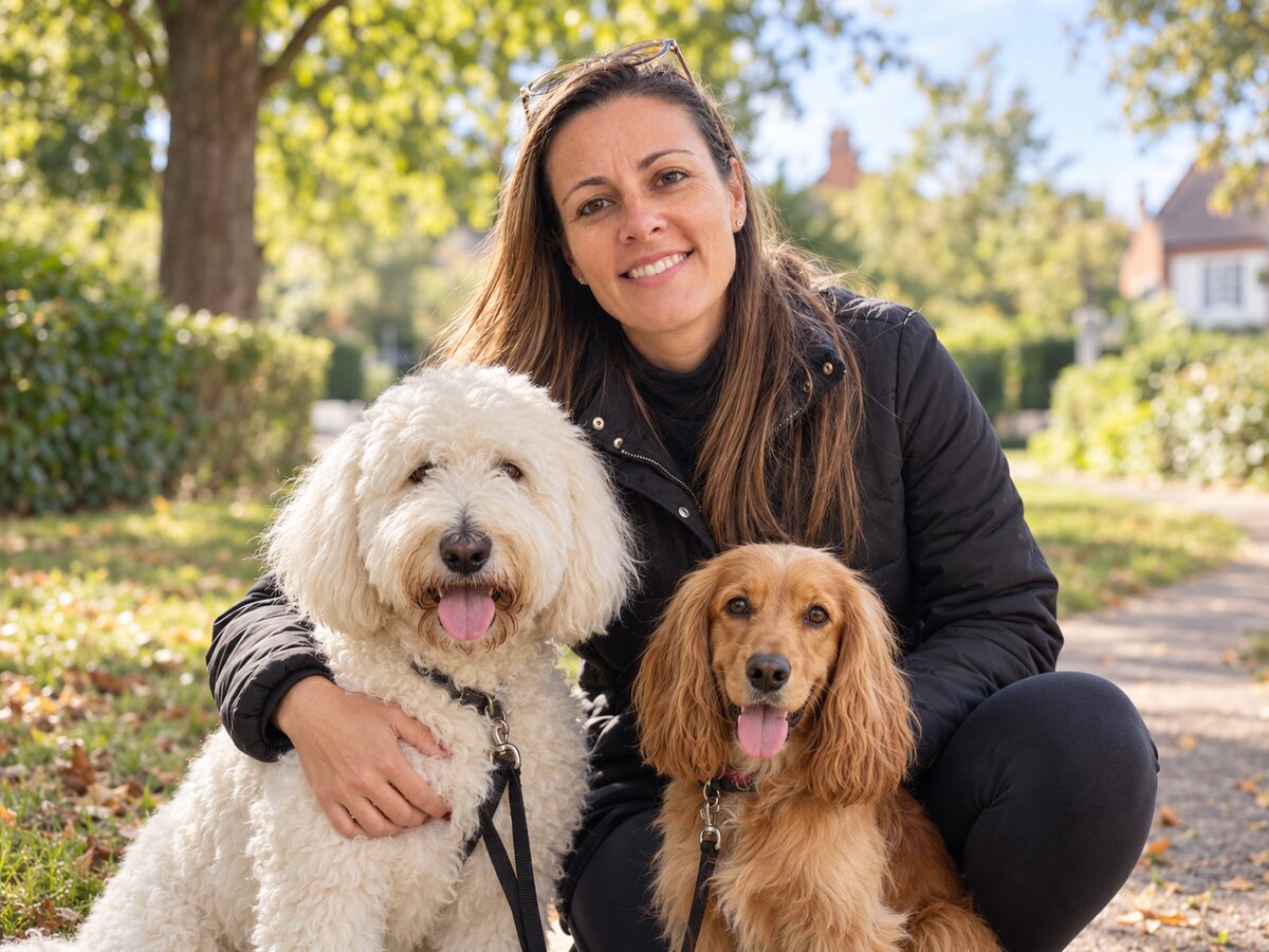Priscila with two dogs she cares for, in a local park